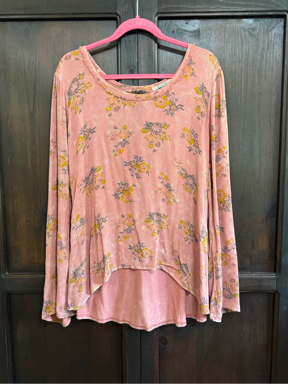 Gimmicks by BKE Pink Floral Long-Sleeve Lace Up Back Top Coastal Cowgirl Western